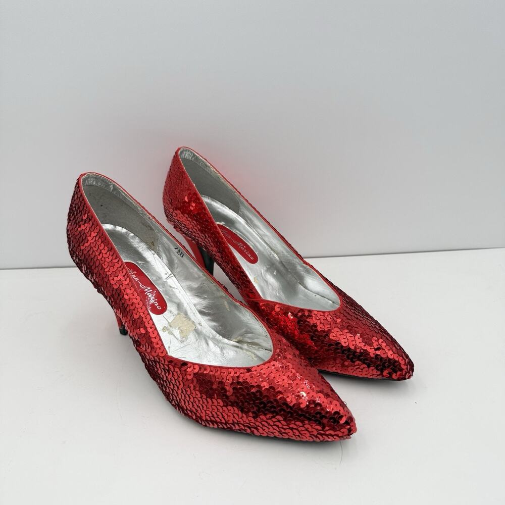 Vintage Red Sequin Heels Pumps Ann Marino Sz 7.5B Dorothy OZ Valentines EUC